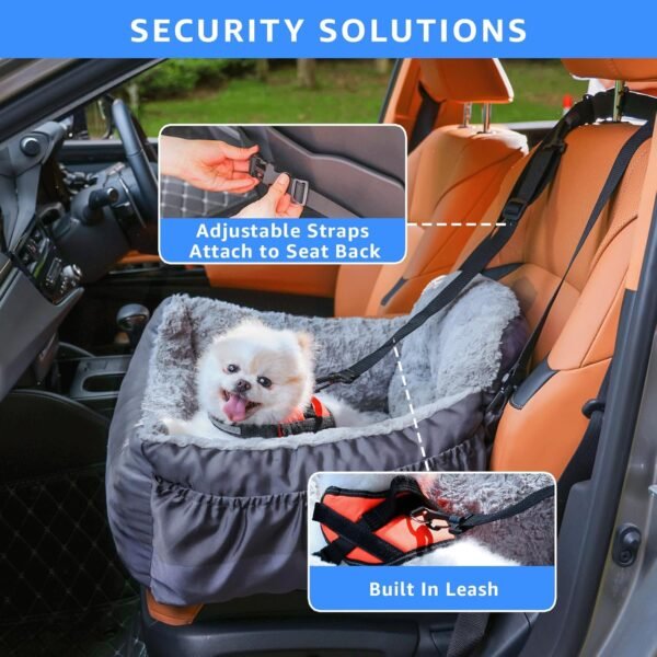 Dog Car Seat for Small Dogs,Washable Pet Booster Car Seats with Clip-On Safty Leash, Comfy Deluxe Plush Carseat with Storage Pockets, Puppy Car Travel Carrier Bed for Dogs Under 25 lbs, Grey