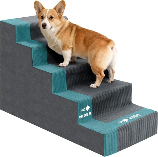 Dog Stairs for Small Dogs,5-Step Dog Steps for High Bed and Couch, High-Density Foam Pet Steps with Supporting Board, Non-Slip Removable Washable Cover