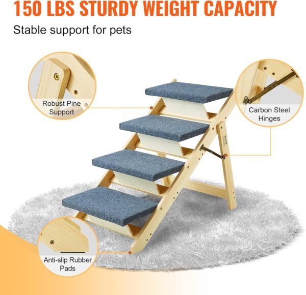 Wood Pet Stairs/Pet Steps, 2-in-1 Foldable Wooden Dog Stair for Beds, Sofa and Cars, Dog Stairs & Ramp with 4 Steps for Small Medium Large Pet, up to 150 lbs