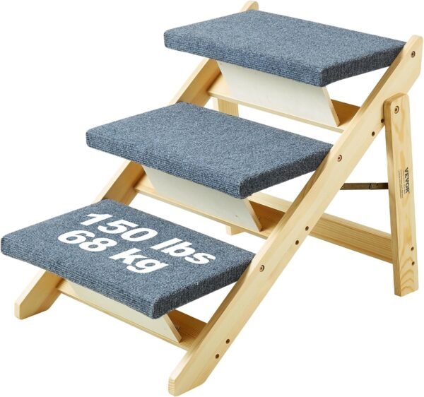 Wood Pet Stairs/Pet Steps, 2-in-1 Foldable Wooden Dog Stair for Beds, Sofa and Cars, Dog Stairs & Ramp with 4 Steps for Small Medium Large Pet, up to 150 lbs