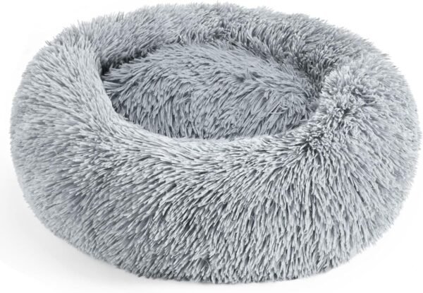 Dog & Cat Bed for Indoor Cats, 20in Calming Donut Bed for Puppy and Kitten, Washable Round Fluffy Pet Bed for Small Medium Dogs and Cats (Light Grey)