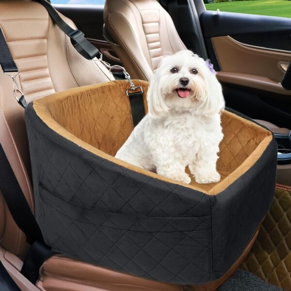 Dog Car Seat for Small Dogs,Detachable Washable Dog Booster Seat Under 30lbs, Pet Car Seat Travel Bed with Storage Pockets and Dog Safety Belt (Black/Grey)