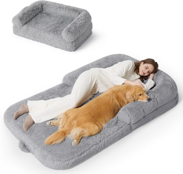 Foldable Human Dog Bed - 2 in 1 Flexible Giant Human Dog Bed for Adult People with Supportive Bolster Egg Foam, Waterproof Liner, Calming Fluffy Faux Fur Orthopedic Big Bean Bed