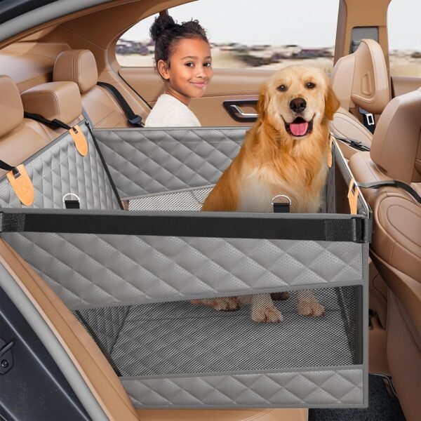 Large Dog Car Seat, Back Seat Extender for Dogs with 3 Mesh Windows, Waterproof Medium Carseat for Dogs with 4-Splice Hard Bottom, Pet Seat Cover for Cars, Trucks and SUVs (Black)