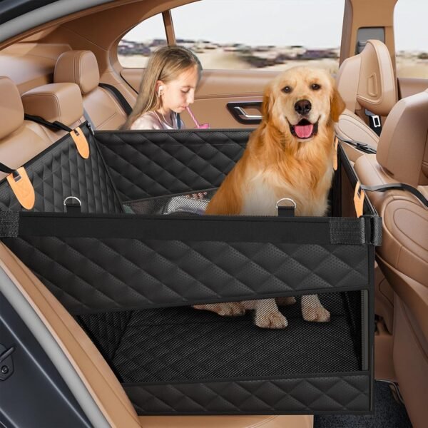 Large Dog Car Seat, Back Seat Extender for Dogs with 3 Mesh Windows, Waterproof Medium Carseat for Dogs with 4-Splice Hard Bottom, Pet Seat Cover for Cars, Trucks and SUVs (Black)