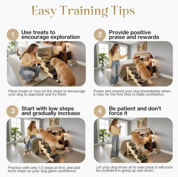 5-Step Wooden Dog Steps for Bed, Anti-Slip Dog Stairs with Carpet Pads, 23.6 Inches Pet Ramp for Dogs to Get on Bed, Pet Stairs for Old & Senior Dogs/Cats, Pet Steps Ladder for High Beds/Couch Sofa