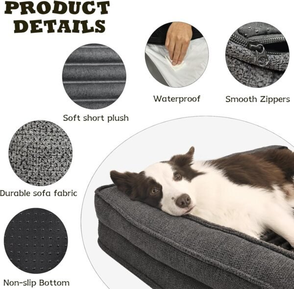 Orthopedic Dog Beds for Large Dogs, XLarge Waterproof Dog Bed with L Bolster Sides, Washable Big Pet Bed with Removable Cover & Non-Slip Bottom, 40 x 28 inch, Gray