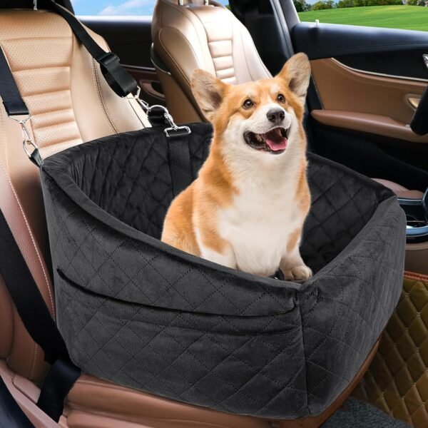 Dog Car Seat for Small Dogs,Detachable Washable Dog Booster Seat Under 30lbs, Pet Car Seat Travel Bed with Storage Pockets and Dog Safety Belt (Black/Grey)