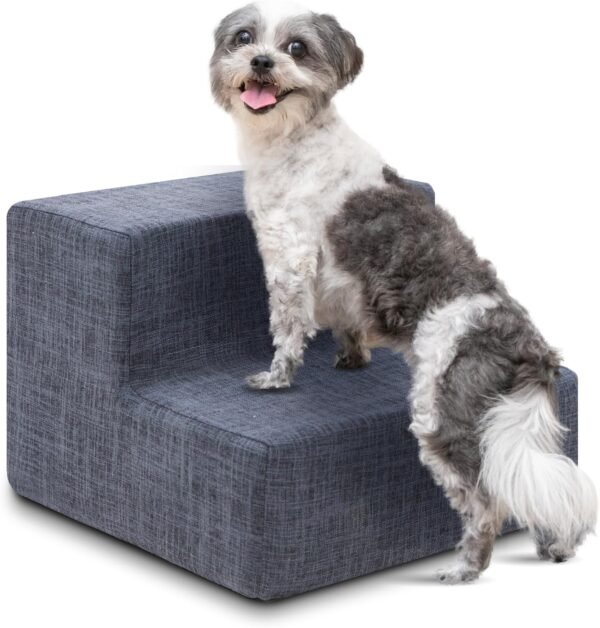 Dog Stairs & Steps - Foam Steps for Small Dogs & Cats, Non-Slip Indoor Balanced Pet Step Support, Dog Ramp, No Assembly, Ash Gray Linen, 2-Step (12-inch Height)