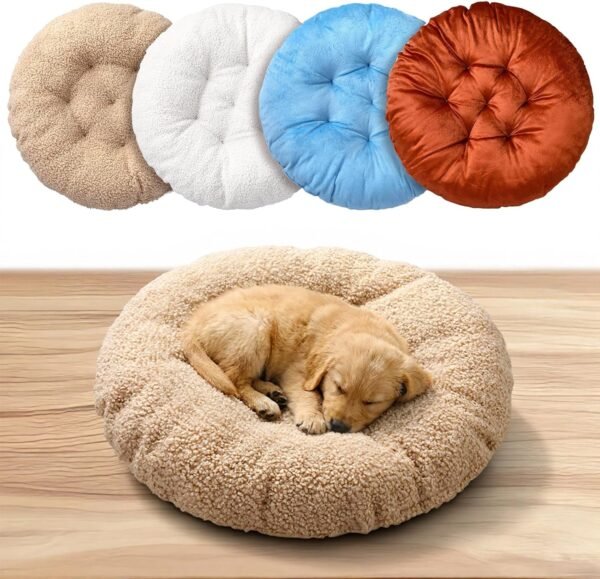 4 Pcs 20 Inch Round Dog & Cat Bed, Soft Bed Pet Crate Pads for Dogs Fluffy Warm Washable Pillow Cushion for Small and Medium Pets Cats (Brown, Blue, White, Beige)