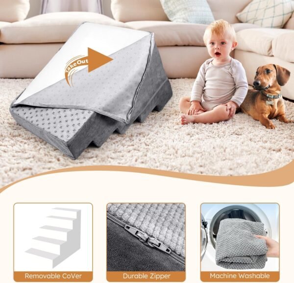 Dog Stairs for Small Dogs,5-Step Dog Steps for High Bed and Couch, High-Density Foam Pet Steps with Supporting Board, Non-Slip Removable Washable Cover