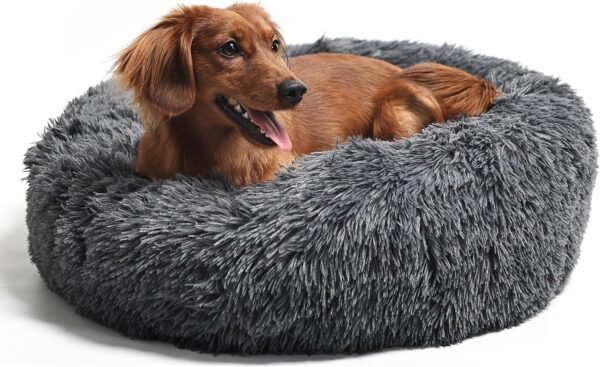 Small Calming Dogs Bed for Small Dogs Anti-Anxiety Machine Washable Fluffy Luxury Anti-Slip Waterproof Mute Base Warming Cozy Soft Pet Puppy Round Bed