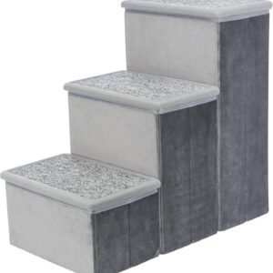 Velour 3-Step Pet Stairs with Storage, Collapsible, Storage Compartments for Pet Toys,Gray