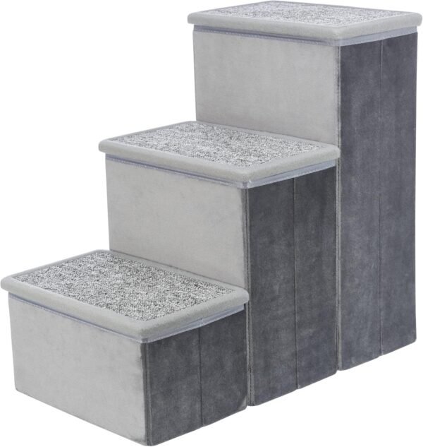 Velour 3-Step Pet Stairs with Storage, Collapsible, Storage Compartments for Pet Toys,Gray