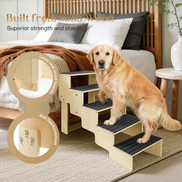 5-Step Wooden Dog Steps for Bed, Anti-Slip Dog Stairs with Carpet Pads, 23.6 Inches Pet Ramp for Dogs to Get on Bed, Pet Stairs for Old & Senior Dogs/Cats, Pet Steps Ladder for High Beds/Couch Sofa