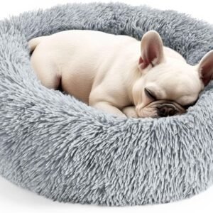 Dog & Cat Bed for Indoor Cats, 20in Calming Donut Bed for Puppy and Kitten, Washable Round Fluffy Pet Bed for Small Medium Dogs and Cats (Light Grey)
