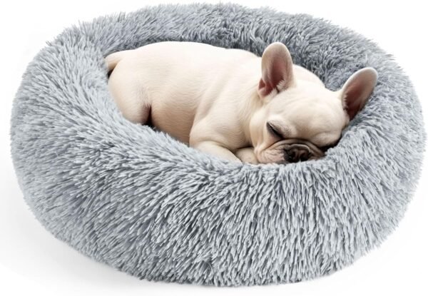 Dog & Cat Bed for Indoor Cats, 20in Calming Donut Bed for Puppy and Kitten, Washable Round Fluffy Pet Bed for Small Medium Dogs and Cats (Light Grey)