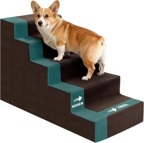 Dog Stairs for Small Dogs,5-Step Dog Steps for High Bed and Couch, High-Density Foam Pet Steps with Supporting Board, Non-Slip Removable Washable Cover