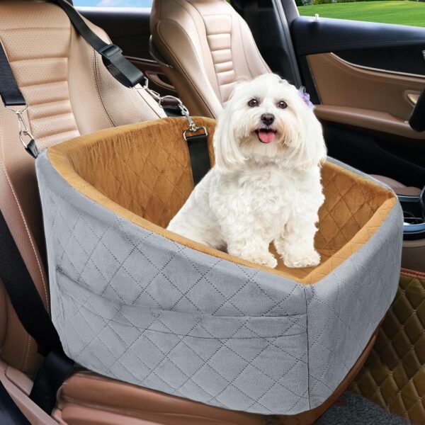 Dog Car Seat for Small Dogs,Detachable Washable Dog Booster Seat Under 30lbs, Pet Car Seat Travel Bed with Storage Pockets and Dog Safety Belt (Black/Grey)