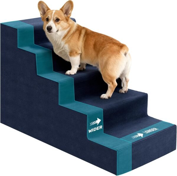 Dog Stairs for Small Dogs,5-Step Dog Steps for High Bed and Couch, High-Density Foam Pet Steps with Supporting Board, Non-Slip Removable Washable Cover
