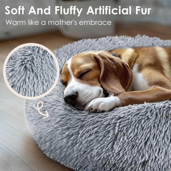 Dog & Cat Bed for Indoor Cats, 20in Calming Donut Bed for Puppy and Kitten, Washable Round Fluffy Pet Bed for Small Medium Dogs and Cats (Light Grey)