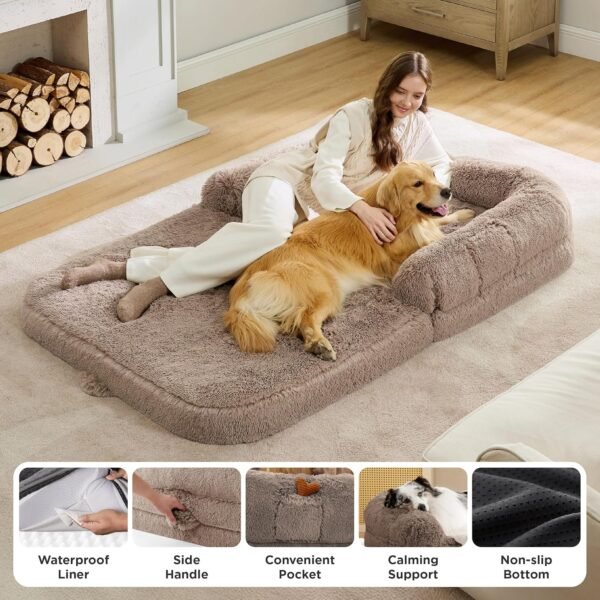 Foldable Human Dog Bed - 2 in 1 Flexible Giant Human Dog Bed for Adult People with Supportive Bolster Egg Foam, Waterproof Liner, Calming Fluffy Faux Fur Orthopedic Big Bean Bed