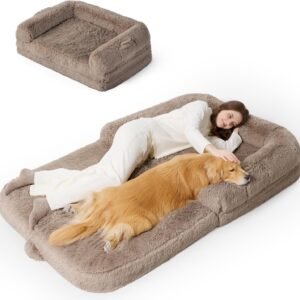 Foldable Human Dog Bed - 2 in 1 Flexible Giant Human Dog Bed for Adult People with Supportive Bolster Egg Foam, Waterproof Liner, Calming Fluffy Faux Fur Orthopedic Big Bean Bed