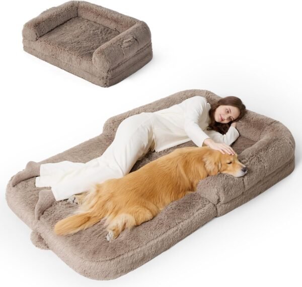 Foldable Human Dog Bed - 2 in 1 Flexible Giant Human Dog Bed for Adult People with Supportive Bolster Egg Foam, Waterproof Liner, Calming Fluffy Faux Fur Orthopedic Big Bean Bed