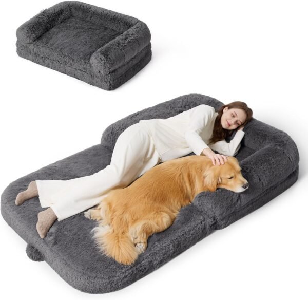 Foldable Human Dog Bed - 2 in 1 Flexible Giant Human Dog Bed for Adult People with Supportive Bolster Egg Foam, Waterproof Liner, Calming Fluffy Faux Fur Orthopedic Big Bean Bed