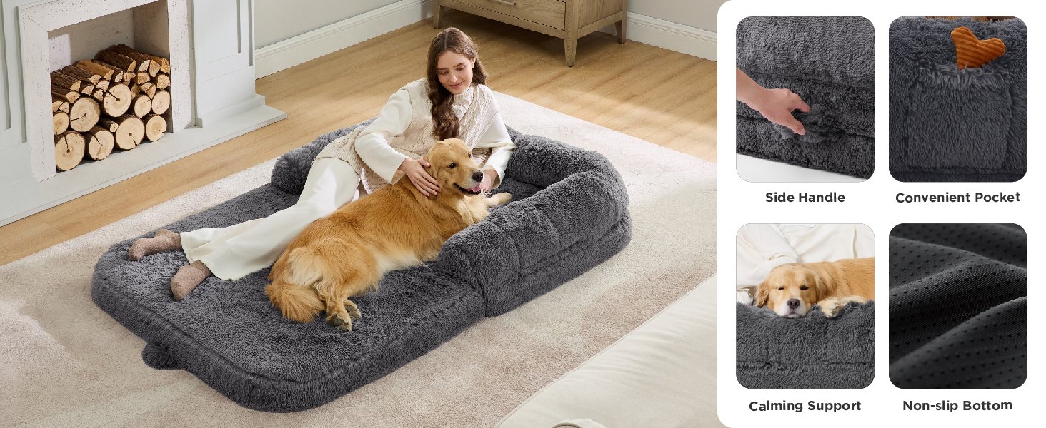 Pet bed product showcase displaying gray plush bed with raised sides. Multiple views show texture details and size reference with pet using product.