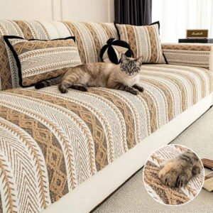 FunnyFuzzyColor-BlockedStripedChenilleNon-SlipSofaCover-SuitableForAllSeasons-2 Color-Blocked Striped Chenille Non-Slip Couch Cover - Suitable For All Seasons
