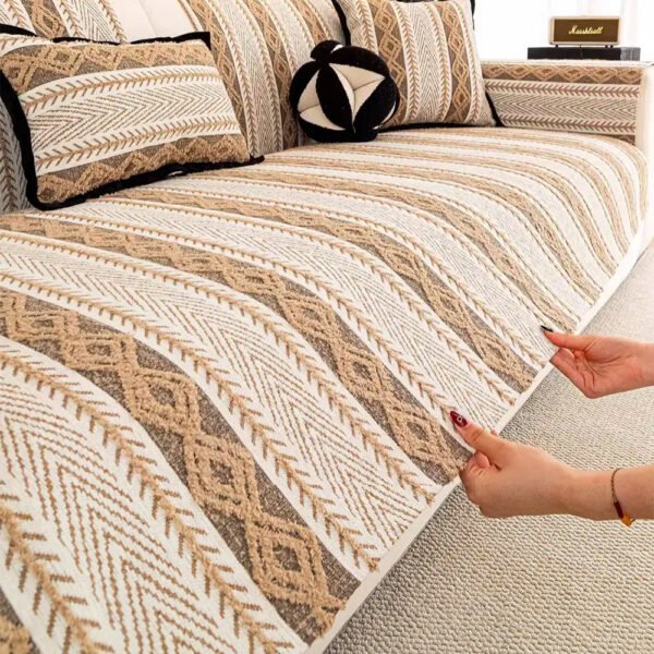 Color-Blocked Striped Chenille Non-Slip Couch Cover - Suitable For All Seasons